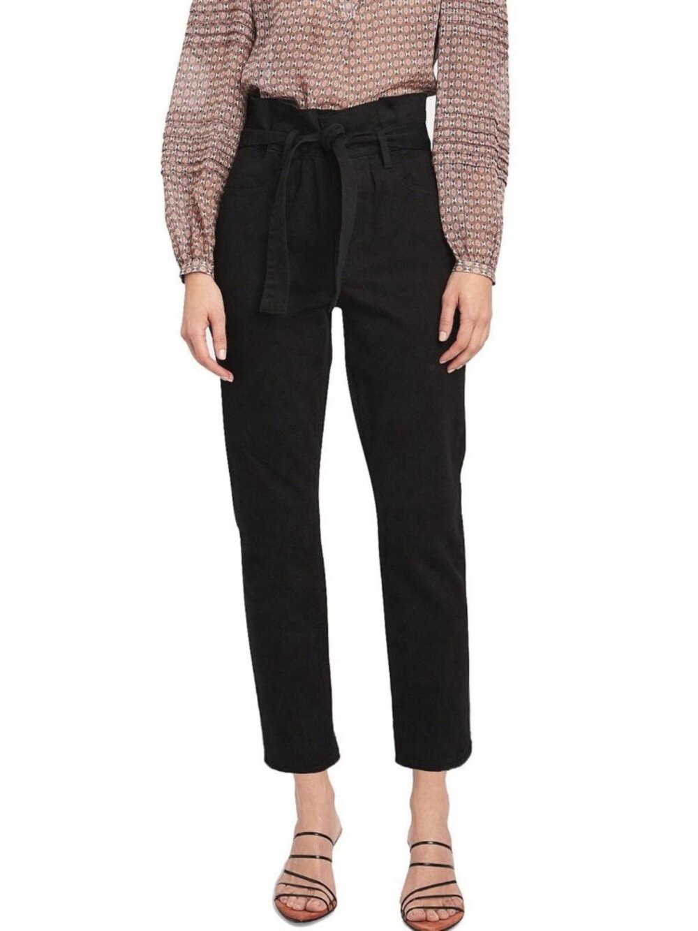 NEW FRAME Paperbag-Waist Belted Tapered Jeans in Black - Size 26